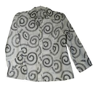 Tweeds Blouse Womens M Black White Embroidered Swirls 100% Linen Button Front